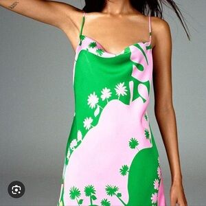 Zara Pink & Green Satin Floral Slip Midi Dress